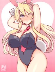 Rule 34 | 1girl, animal ears, artist logo, bare shoulders, between breasts, black leotard, blonde hair, blue eyes, blush, bouncing breasts, breasts, cleavage, cowboy shot, detached collar, fake animal ears, gradient background, iowa (kancolle), kanon (kurogane knights), kantai collection, large breasts, leotard, long hair, looking at viewer, necktie, necktie between breasts, one-hour drawing challenge, pink background, playboy bunny, rabbit ears, smile, solo, strapless, strapless leotard
