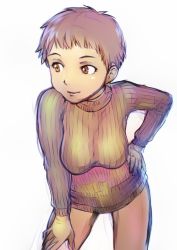 Rule 34 | 1girl, breasts, brown eyes, brown hair, character request, closed mouth, highres, short hair, simple background, smile, solo, sweater, ueyama michirou, white background