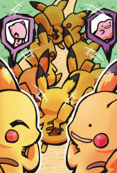 Rule 34 | alternate color, blush stickers, commentary request, creature, creatures (company), ditto, game freak, gen 1 pokemon, highres, legendary pokemon, mew (pokemon), mythical pokemon, nature, nintendo, no humans, outdoors, pikachu, pokemon, pokemon (creature), pokemon move, power connection, shiny and normal, shiny pokemon, suzuhara hakuto, too many, too many pikachu, transformed ditto, transformed mew, walking