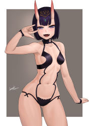 Rule 34 | 1girl, bare shoulders, blunt bangs, breasts, brown background, fangs, fate/grand order, fate (series), highres, horns, lasterk, navel, purple eyes, revealing clothes, shuten douji (fate), simple background, small breasts, solo, thighs