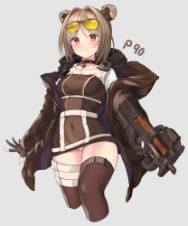 Rule 34 | 1girl, absurdres, blush, breasts, brown hair, buckle, bullpup, character name, commentary request, covered navel, cowboy shot, double bun, eyewear on head, girls&#039; frontline, gloves, grey background, gun, hair bun, hako reeema, highres, holding, holding gun, holding weapon, horizontal magazine, jacket, medium breasts, off shoulder, p90, p90 (girls&#039; frontline), panties, personal defense weapon, red eyes, see-through, short hair, smile, snap-fit buckle, solo, submachine gun, sunglasses, thigh strap, thighhighs, translucent, trigger discipline, underwear, weapon, white panties