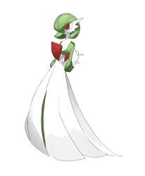 1girl ame_(metorui) arms_behind_back bob_cut bouquet closed_mouth colored_skin creatures_(company) female_focus flat_chest flower full_body game_freak gardevoir gen_3_pokemon green_hair green_skin hair_over_one_eye happy holding holding_bouquet holding_own_arm looking_afar multicolored_skin nintendo one_eye_covered pokemon pokemon_(creature) red_eyes short_hair simple_background smile solo standing two-tone_skin white_background white_skin