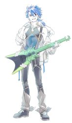 Rule 34 | 1boy, alternate costume, blue hair, closed mouth, cu chulainn (fate), cu chulainn (fate/prototype), detached collar, earrings, fate/prototype, fate (series), full body, fur-trimmed jacket, fur trim, gloves, grin, guitar, high collar, highres, holding, holding instrument, hoop earrings, instrument, jacket, jewelry, long hair, looking at viewer, male focus, namo, pants, ponytail, red eyes, shirt, simple background, smile, solo, spiked hair, standing, strap, white background, aged down