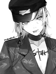 Rule 34 | 1girl, artist name, chainsaw man, choker, coat, earrings, fami (chainsaw man), greyscale, hat, highres, jewelry, lianng, lip piercing, looking at viewer, military hat, mole, mole under eye, mole under mouth, monochrome, multiple moles, piercing, ringed eyes, short hair, simple background, solo, tassel, tassel earrings, white background