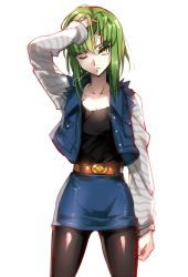 Rule 34 | 1girl, adjusting hair, alternate hair length, alternate hairstyle, android 18, android 18 (cosplay), belt, black pantyhose, c.c., code geass, cosplay, creayus, dragon ball, dragonball z, green hair, long sleeves, one eye closed, pantyhose, pencil skirt, short hair, simple background, skirt, solo, white background, yellow eyes