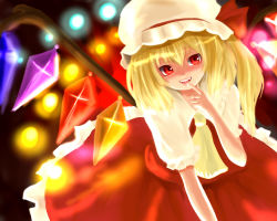 Rule 34 | 1girl, :d, bad id, bad pixiv id, blonde hair, collar, crystal, demon wings, dress, evil smile, female focus, finger to mouth, fire, fire, flandre scarlet, frills, hat, index finger raised, looking at viewer, mob cap, open mouth, puffy short sleeves, puffy sleeves, red dress, red eyes, shaded face, short sleeves, shushing, smile, solo, teeth, tetsuo (tashirosu), tongue, touhou, vampire, wings