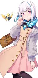 Rule 34 | 1girl, bag, blue hair, brown dress, brown pantyhose, cardigan, closed mouth, dress, feet out of frame, grey cardigan, hair ornament, hairclip, hand up, highres, lize helesta, long sleeves, looking at viewer, multicolored hair, nijisanji, open cardigan, open clothes, pantyhose, pink dress, sebastian piyodore, silver hair, smile, solo, standing, sukuna136, two-tone hair, virtual youtuber