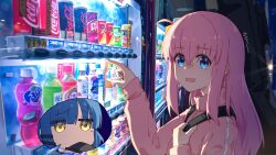Rule 34 | 2girls, blue eyes, blue hair, blush, bocchi the rock!, bottle, can, coca-cola, cube hair ornament, dr pepper, drink can, fanta, gotoh hitori, hair between eyes, hair ornament, highres, instrument case, jacket, jl tan, long hair, long sleeves, mole, mole under eye, multiple girls, one side up, open mouth, pink hair, pink jacket, pointing, short hair, soda can, track jacket, vending machine, yamada ryo, yellow eyes
