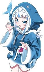 Rule 34 | 1girl, :d, absurdres, animal hood, blue eyes, blue hair, blue hoodie, blue nails, commentary, drawstring, fins, fish tail, gawr gura, gawr gura (1st costume), hands up, highres, hololive, hololive english, hood, hood up, hoodie, long hair, long sleeves, looking at viewer, multicolored hair, nail polish, open mouth, shark hood, shark tail, sharp teeth, simple background, sleeves past wrists, smile, solo, standing, streaked hair, tail, teeth, tosyeo, virtual youtuber, white background, white hair, wide sleeves