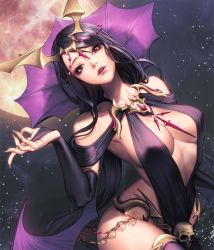 Rule 34 | 1girl, alternate costume, bare shoulders, boots, breasts, bridal gauntlets, card (medium), chaos online, demon wings, full moon, head tilt, large breasts, long hair, looking at viewer, love cacao, moon, nivas, official art, parted lips, purple eyes, purple hair, simple background, skull, solo, thigh boots, thighhighs, very long hair, wings