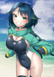 Rule 34 | 1girl, absurdres, awono nanaumi, beach, black choker, black gloves, black hair, black one-piece swimsuit, black thighhighs, blue sky, breasts, choker, cleavage, cloud, competition swimsuit, covered navel, day, fukami nana (awono nanaumi), gloves, green eyes, green shrug, grin, hair flaps, highleg, highleg swimsuit, highres, horizon, large breasts, looking at viewer, ocean, one-piece swimsuit, original, outdoors, running, short hair, shrug (clothing), sky, smile, solo, swimsuit, thighhighs, two-tone swimsuit