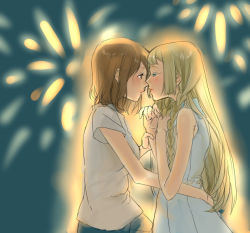 Rule 34 | 2girls, bad id, bad pixiv id, bare shoulders, blonde hair, braid, brown hair, creatures (company), dress, face-to-face, firework background, fireworks, from side, game freak, imminent kiss, lillie (pokemon), long hair, looking at another, multiple girls, nintendo, pokemon, pokemon sm, selene (pokemon), shirt, short hair, t-shirt, torisoboro, twin braids, white dress, yuri