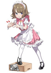 Rule 34 | 1girl, absurdres, ahoge, apron, black footwear, blue eyes, blush, box, brown hair, dress, frilled dress, frills, full body, haruyuki (gffewuoutgblubh), heart, heart hands, highres, idolmaster, idolmaster million live!, looking at viewer, maid, maid apron, maid headdress, open mouth, pantyhose, pink dress, pretty waitress (idolmaster), shoes, simple background, solo, standing on box, suou momoko, white background, wrist cuffs