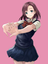 Rule 34 | 1girl, blush, bow, brown hair, cowboy shot, green eyes, grin, highres, interlocked fingers, looking at viewer, mole, mole under eye, original, pink background, pleated skirt, short hair, short sleeves, simple background, skirt, smile, solo, stretching, sweater vest, takeuchi aya