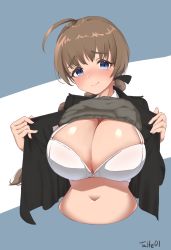 Rule 34 | 1girl, ahoge, black jacket, blue eyes, blush, bra, breasts, brown hair, brown vest, cleavage, closed mouth, clothes pull, highres, huge breasts, jacket, jacket pull, long hair, looking at viewer, lynette bishop, midriff, navel, open clothes, open jacket, ponytail, presenting, signature, simple background, smile, solo, strike witches, striped, striped background, sweater, talte01, underwear, unworn sweater, unworn vest, upper body, vest, white bra, world witches series