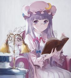 Rule 34 | 1girl, absurdres, armchair, blunt bangs, book, book stack, bun cover, capelet, chair, closed mouth, collared shirt, crescent, desk lamp, dress, expressionless, feet out of frame, glasses, happiness lilys, hat, highres, holding, holding book, lamp, long hair, long sleeves, looking at viewer, mob cap, neck ribbon, open book, patchouli knowledge, pink hat, purple eyes, purple hair, red ribbon, ribbon, shirt, sidelocks, sitting, solo, striped, touhou, vertical stripes, very long hair, wall, white dress
