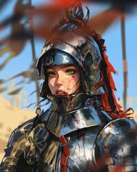 Rule 34 | 1girl, armor, blood, blood on face, blurry, blurry background, blurry foreground, breastplate, commentary, english commentary, freckles, full armor, green eyes, helmet, highres, knight, original, parted lips, sam yang, shoulder armor, solo, teeth, upper body