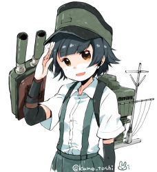 Rule 34 | 10s, 1girl, :d, arare (kancolle), arm warmers, black hair, brown eyes, doodle, hat, kano (coyotehunt), kantai collection, machinery, open mouth, pleated skirt, salute, short hair, skirt, smile, solo, suspenders, twitter username, upper body, white background