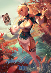 Rule 34 | 1girl, animal costume, animal ears, bare shoulders, black gloves, blonde hair, bow, breasts, checkered clothes, checkered legwear, chinese clothes, cleavage, cleavage cutout, clothing cutout, dark-skinned female, dark skin, elf, gloves, hair bow, hair ornament, highres, hololive, kintsuba (shiranui flare), leaf, loincloth, long hair, medium breasts, mountain, mountainous horizon, namahamu913, outdoors, panda costume, panda ears, partially fingerless gloves, partially submerged, pointy ears, ponytail, red eyes, reflection, shiranui flare, shiranui flare (old design), shoulder cutout, single thighhigh, sky, teeth, thighhighs, virtual youtuber, wading, water, white loincloth, white thighhighs