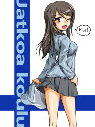 Rule 34 | 10s, 1girl, blue hat, blue shirt, brown eyes, brown hair, cowboy shot, dress shirt, finnish flag, finnish text, flag background, from behind, girls und panzer, grey skirt, hand on own hip, hat, long hair, long sleeves, looking at viewer, looking back, mika (girls und panzer), miniskirt, one eye closed, oosaka kanagawa, open mouth, pleated skirt, school uniform, shirt, simple background, skirt, smile, solo, standing, striped clothes, striped shirt, translated, unworn hat, unworn headwear, vertical-striped clothes, vertical-striped shirt, white background, white shirt
