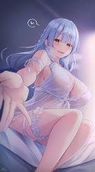 Rule 34 | 1girl, :d, armlet, babydoll, bad id, bad pixiv id, bare shoulders, bed sheet, blouse, blue hair, blue hair-chan (ramchi), blunt bangs, braid, breasts, breath, cleavage, commentary, frills, from below, hair between eyes, highres, indoors, large breasts, long hair, looking at viewer, open mouth, original, outstretched hand, pov, ramchi, see-through, shirt, sitting, smile, solo, thighlet, thighs, white shirt, yellow eyes