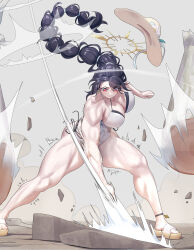 Rule 34 | 1girl, 702 96, :&gt;, absurdres, bikini, black bikini, black hair, blue archive, breasts, broken ground, chop, dust cloud, floating hair, grey background, halo, hat, highres, hinata (blue archive), hinata (swimsuit) (blue archive), log, long hair, muscular, muscular female, official alternate costume, one-piece swimsuit, sandals, side-tie bikini bottom, solo, sonic boom (speed), standing, sun hat, swimsuit, swimsuit under swimsuit, thick thighs, thighs, v-shaped eyebrows, white one-piece swimsuit