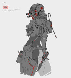 Rule 34 | 1girl, absurdres, artist name, ass, bodysuit, cable, dated, from behind, grey background, helmet, highres, holding, holding knife, knife, looking to the side, monochrome, original, science fiction, smoke grenade, solo, spot color, yean