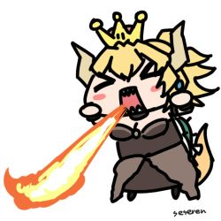 Rule 34 | &gt; &lt;, 1girl, animated, animated gif, bowsette, breasts, cleavage, fire breathing, horns, long hair, lowres, mario (series), nintendo, open mouth, seseren, sharp teeth, solo, super crown, tail, teeth
