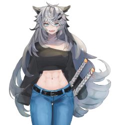 Rule 34 | 1girl, :d, abs, absurdres, alternate costume, animal ears, arknights, bare shoulders, belt, black belt, black shirt, commentary, cowboy shot, crop top, crop top overhang, denim, fangs, grey eyes, hair between eyes, hair ornament, hairclip, highres, indra (azdr2457), jeans, katana, lappland (arknights), long hair, long sleeves, looking at viewer, midriff, navel, off-shoulder shirt, off shoulder, open mouth, pants, scar, scar across eye, scar on face, sheath, sheathed, shirt, silver hair, simple background, sleeves past fingers, sleeves past wrists, smile, solo, standing, stomach, sword, thighs, very long hair, weapon, white background, wolf ears