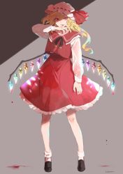 Rule 34 | 1girl, black footwear, black neckwear, black ribbon, blonde hair, blood, blood from mouth, blood on face, bobby socks, bow, bright pupils, closed mouth, commentary request, crystal, flandre scarlet, full body, grey background, hair between eyes, hand to own mouth, hat, hat bow, highres, kerok (joniko1110), long sleeves, looking to the side, medium hair, mob cap, one side up, red bow, red eyes, red shirt, red skirt, ribbon, shadow, shirt, signature, simple background, skirt, socks, solo, standing, touhou, white hat, wings, wiping mouth