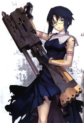 Rule 34 | 00s, 1girl, blue eyes, blue hair, ciel (tsukihime), cross, glasses, habit, highres, huge weapon, matching hair/eyes, nagi ryou, nun, pile bunker, robe, seventh holy scripture, short hair, solo, tattoo, torn clothes, tsukihime, type-moon, weapon