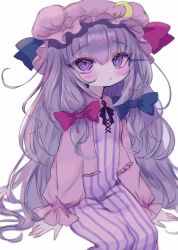 Rule 34 | 1girl, :&lt;, blue bow, bow, closed mouth, crescent, crescent pin, dress, hair bow, hat, highres, long hair, long sleeves, looking at viewer, mob cap, multiple bows, patchouli knowledge, pink hat, purple dress, purple hair, red bow, renakobonb, sidelocks, simple background, sitting, slit pupils, solo, striped clothes, striped dress, touhou, white background
