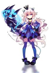 Rule 34 | + +, 10s, 1girl, 2014, absurdres, athria, bad id, bad pixiv id, blue eyes, blue skirt, blue thighhighs, bow, claws, crown, dated, demon power (elsword), detached sleeves, elsword, full body, hand on own hip, highres, long hair, luciela r. sourcream, mini crown, pointy ears, ribbon, shoes, signature, skirt, smile, solo, standing, symbol-shaped pupils, tail, thighhighs, white background, white hair