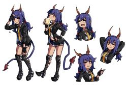 Rule 34 | 1girl, :d, arknights, arms behind head, belt, black footwear, black gloves, black jacket, black shorts, blue hair, blue sky, boots, ch&#039;en (arknights), closed eyes, cup, dragon horns, dragon tail, fingerless gloves, gloves, highres, holding, holding cup, horns, jacket, knee boots, long hair, looking at viewer, multiple views, navel, necktie, oninuer, open mouth, red eyes, shorts, simple background, sky, smile, tail, white background, yellow necktie