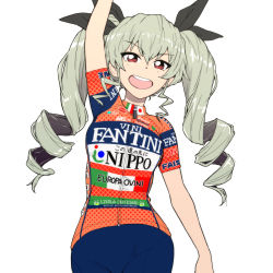 Rule 34 | 10s, 1girl, anchovy (girls und panzer), arm up, bike jersey, bike shorts, black ribbon, blue shorts, clothes writing, commentary request, cowboy shot, drill hair, girls und panzer, green hair, hair ribbon, highres, italian flag, italian text, japanese flag, logo, long hair, looking at viewer, onsen tamago (hs egg), open mouth, red eyes, red shirt, ribbon, shirt, short sleeves, shorts, simple background, smile, solo, standing, translation request, twin drills, twintails, v-shaped eyebrows, white background, zipper, zipper pull tab