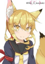 Rule 34 | 1girl, animal ears, armband, black sailor collar, blonde hair, blue jacket, commentary request, crescent, crescent pin, etsuransha no rei, fox ears, fox tail, highres, jacket, kantai collection, long hair, low twintails, neckerchief, one-hour drawing challenge, sailor collar, satsuki (kancolle), satsuki kai ni (kancolle), school uniform, serafuku, simple background, smile, solo, tail, twintails, whiskers, white background, yellow neckerchief
