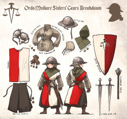 Rule 34 | 2girls, armor, balance scale, boots, braid, equipment layout, flanged mace, full body, gambeson, gloves, helmet, highres, hood, ironlily, kettle helm, long hair, medieval, multiple girls, original, scabbard, sheath, shield, skirt, standing, sword, tabard, twin braids, weapon, weighing scale