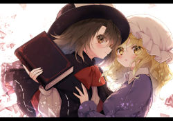 Rule 34 | 2girls, blonde hair, blush, book, bow, brown eyes, brown hair, cape, closed mouth, dr.latency&#039;s freak report, fedora, hat, hat bow, letterboxed, maribel hearn, mob cap, multiple girls, parted lips, piyokichi, shards, short hair, touhou, usami renko, yellow eyes
