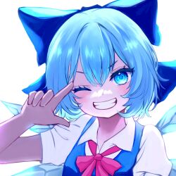 Rule 34 | 1girl, ;d, blue bow, blue eyes, blue hair, bow, bowtie, cirno, commentary request, hair bow, highres, looking at viewer, mikan (manmarumikan), one eye closed, open mouth, red bow, red bowtie, short hair, short sleeves, simple background, smile, solo, touhou, upper body, white background