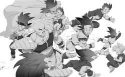 Rule 34 | 6+boys, :&gt;, :p, ^ ^, absurdres, armor, bad id, bad pixiv id, bald, bardock, black eyes, black hair, boots, cape, carrying, closed eyes, dragon ball, dragonball z, facing away, floating hair, flying, frown, full body, greyscale, grin, happy, highres, long hair, male focus, monochrome, multiple boys, nappa, open mouth, profile, raditz, running, short hair, simple background, smile, smoke, smoking, son gohan, son goku, son goten, spiked hair, supobi, tarble, teeth, tongue, tongue out, trunks (dragon ball), tullece, v, vegeta, very long hair, white background, wristband