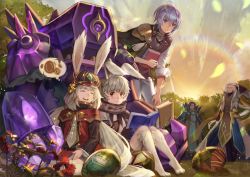 Rule 34 | 1girl, 4boys, animal ears, animal hands, aosta (sdorica), black gloves, book, brother and sister, character request, charle (sdorica), closed eyes, egg, facing viewer, flower, gloves, grey hair, hand up, hat, holding, holding book, jeonpa, leah (sdorica), lio (sdorica), mecha, monocle, multiple boys, open book, open mouth, outdoors, purple hair, rabbit ears, red eyes, robot, sdorica, siblings, sitting, standing, sunset, thought bubble, white hair