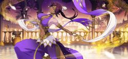 Rule 34 | 1girl, barefoot, bleach, bleach: brave souls, breasts, curvy, dancer, dark-skinned female, dark skin, eyeshadow, female focus, highres, jewelry, jumping, large breasts, looking at viewer, makeup, official art, ponytail, purple hair, shihouin yoruichi, shiny skin, smile, solo, tattoo
