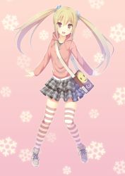 Rule 34 | 1girl, :d, bag, brown eyes, hair ornament, hood, hoodie, ihara asta, light brown hair, open mouth, original, outstretched hand, patterned legwear, pink background, plaid, plaid skirt, shoes, skirt, smile, snowflakes, solo, striped clothes, striped thighhighs, thighhighs, twintails, two-tone stripes, yukico-tan, yukijirushi, zettai ryouiki