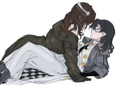 Rule 34 | 1nuyaki, 2girls, black gloves, black hair, blush, brown coat, brown hair, closed mouth, coat, commentary, english commentary, expressionless, glasses, gloves, grey eyes, grey jacket, highres, jacket, long hair, long sleeves, multiple girls, reverse:1999, simple background, sweatdrop, tooth fairy (reverse:1999), white background, white coat, yuri, z (reverse:1999)