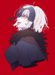 Rule 34 | 1girl, ahoge, black dress, blue dress, breasts, commentary request, dress, fate/grand order, fate (series), from side, fur trim, head tilt, headpiece, highres, jeanne d&#039;arc (fate), jeanne d&#039;arc alter (avenger) (fate), jeanne d&#039;arc alter (fate), looking at viewer, open mouth, pale skin, red background, short hair, silver hair, simple background, tenobe, upper body, yellow eyes
