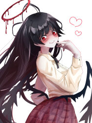 Rule 34 | 1girl, antenna hair, black hair, black wings, blue archive, blush, chocolate, closed mouth, food, halo, heart, highres, holding, holding chocolate, holding food, komena (shinyday312), long hair, long sleeves, looking at viewer, melting halo, pleated skirt, red eyes, red halo, red skirt, shirt, simple background, skirt, solo, tsurugi (blue archive), white background, wings, yellow shirt