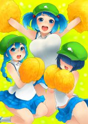 Rule 34 | 3girls, :d, alternate costume, armpits, arms up, blue eyes, blue hair, blush, bouncing breasts, braid, breasts, cheerleader, dark haired kappa, extra, glasses, glasses kappa, hair bobbles, hair ornament, hair over eyes, hat, highres, kappa mob (touhou), kawashiro nitori, large breasts, long hair, multiple girls, open mouth, panties, pom pom (cheerleading), revision, sakushin, short hair, short twintails, skirt, smile, touhou, twin braids, twintails, two side up, underwear, white panties