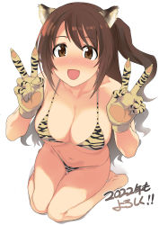 Rule 34 | 1girl, 2022, :d, absurdres, animal ears, animal print, barefoot, bikini, blush, breasts, brown eyes, brown hair, chinese zodiac, cleavage, collarbone, commentary request, double v, from above, full body, gloves, hands up, highres, idolmaster, idolmaster cinderella girls, long hair, looking at viewer, looking up, medium breasts, navel, new year, nose blush, open mouth, print bikini, print gloves, saruanu, shimamura uzuki, sitting, smile, solo, swimsuit, tiger ears, tiger print, v, wariza, year of the tiger