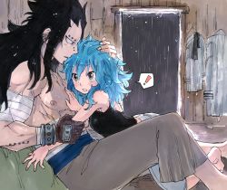 Rule 34 | !, 1boy, 1girl, holding another&#039;s arm, bandages, black hair, blue hair, blush, couple, eyebrow piercing, fairy tail, gajeel redfox, hand on another&#039;s chest, hand on another&#039;s head, hetero, holding own arm, levy mcgarden, messy hair, nose piercing, piercing, rusky, topless male, spoken exclamation mark, surprised, wet, wet hair