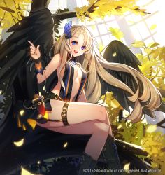 Rule 34 | 1girl, :d, autumn leaves, black wings, blue eyes, boots, breasts, brown hair, cleavage, dagger, feathered wings, garter straps, gyakushuu no fantasica, hair ornament, in tree, knife, crossed legs, long hair, looking at viewer, nail polish, open mouth, sitting, sitting in tree, smile, solo, tareme, thigh strap, tree, very long hair, weapon, whoisshe, wind, wings